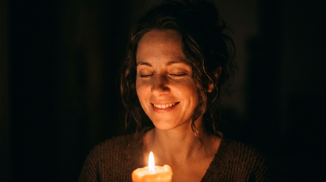 Smiling woman with closed eyes holding a lit candle in darkness