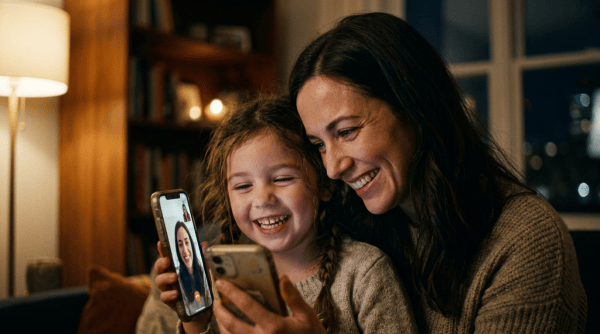 Mother and daughter smiling while viewing a video call on two phones