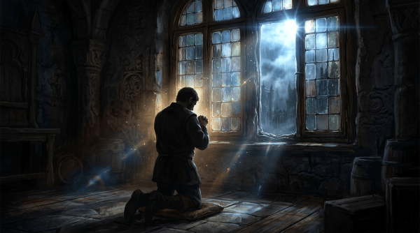 Person kneeling in prayer before a glowing Gothic stained-glass window